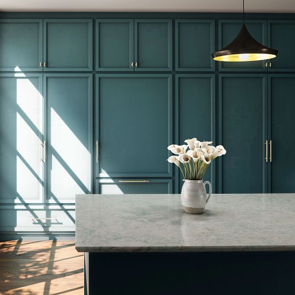 A vase of flowers sits on a counter in a kitchen
