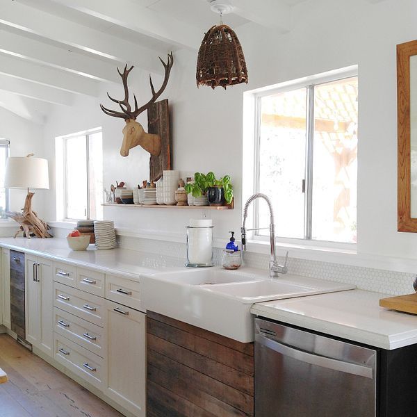 A kitchen with a deer head on the wall above the sink
