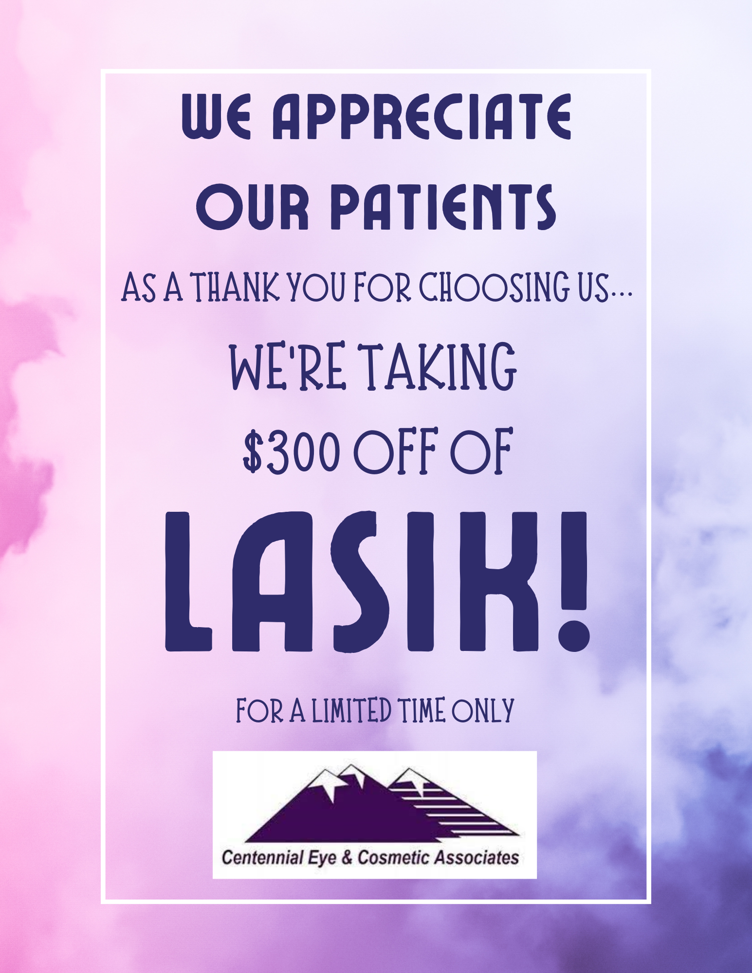 Advertisement for LASIK: Discount of $300. Purple and white text on a pink/purple gradient background.