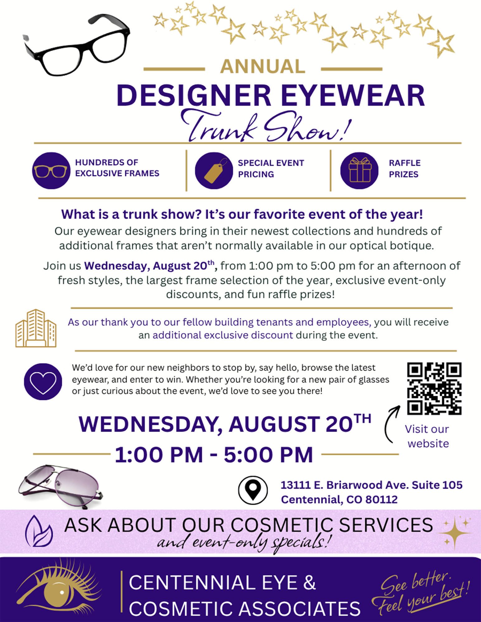 Annual designer eyewear trunk show flyer with stars, glasses, and event details for Wednesday, August 20th, 1–5 PM