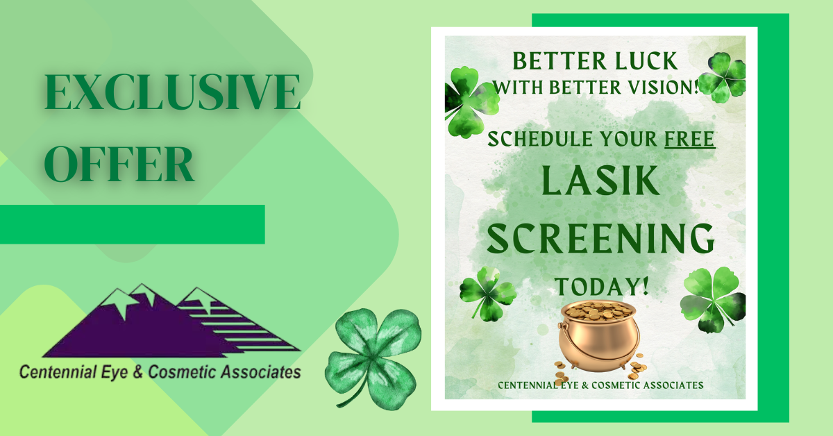 Green-themed ad for free LASIK screening. It features clovers, a pot of gold, and 
