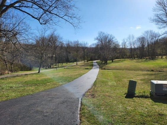 Paved path winds through a grassy cemetery on a sunny day, trees in the background, headstones on the right.