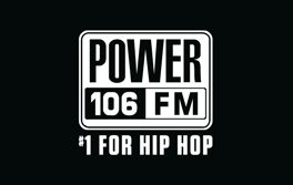 Power 106 FM logo: black and white, rectangular design with