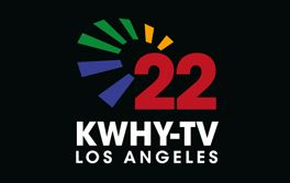 Logo for KWHY-TV Los Angeles: a colorful sunburst over the red number 22, with the station's call letters and city below.
