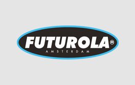 Futurrola Amsterdam logo: black oval with white text, a blue outline, and Amsterdam written below.