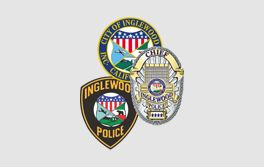 Inglewood Police Department logo, city logo, and police chief badge on a light gray background.