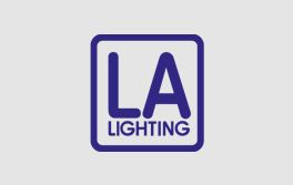 Logo for LA Lighting: Blue text and border on light gray background.