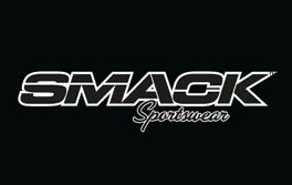 SMACK Sportswear logo in white and grey on a black background.