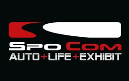 Logo for SpoCom, an auto, life, and exhibit show. White and red graphic on black background.