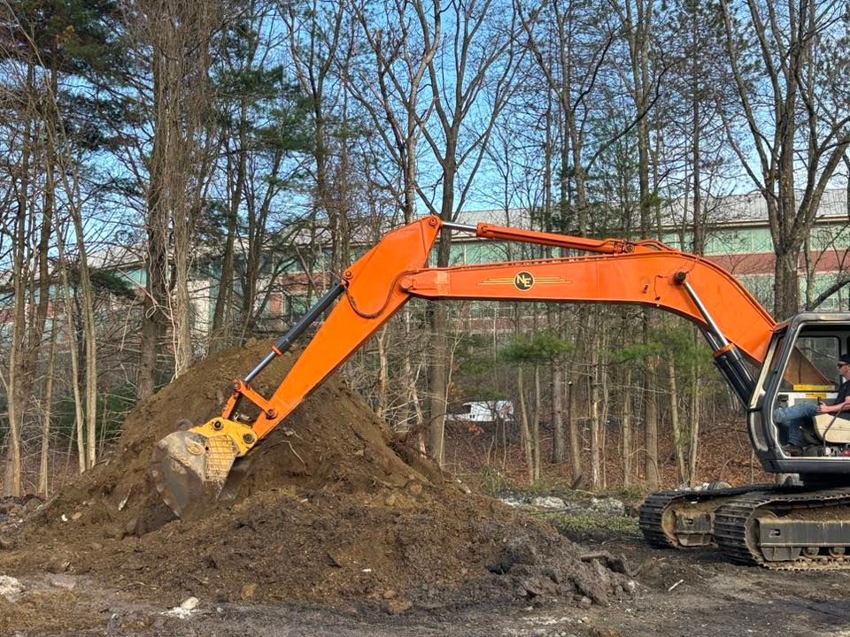 Orange excavator digging a dirt mound in a wooded area