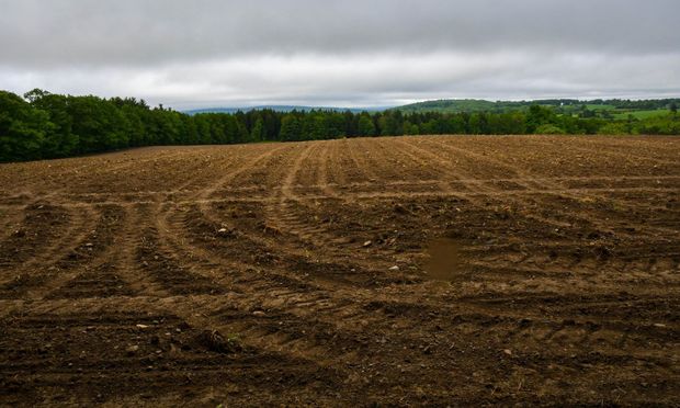 Freshly plowed brown field under cloudy sky, bordered by green trees and distant hills