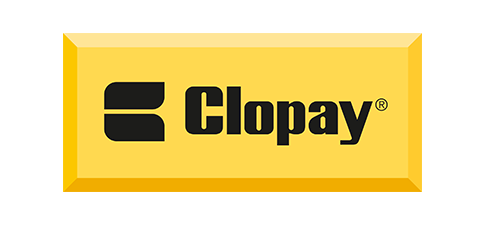 Clopay logo, black text and symbol on a yellow background.