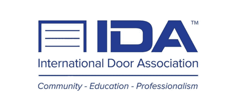 Logo of the International Door Association: blue icon of a garage door and