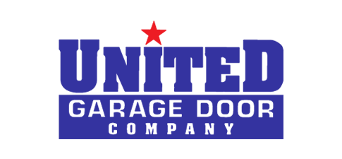 Logo for United Garage Door Company, blue and white text on a blue background with a red star.