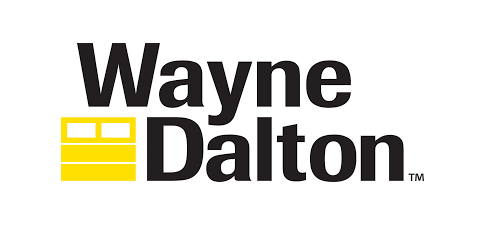 Wayne Dalton logo with black text and a yellow garage door graphic.