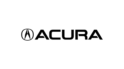 Acura logo: Black text and emblem on a white background. Emblem is stylized 