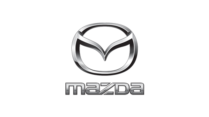 Mazda logo: Silver stylized 'M' within a circle, with 