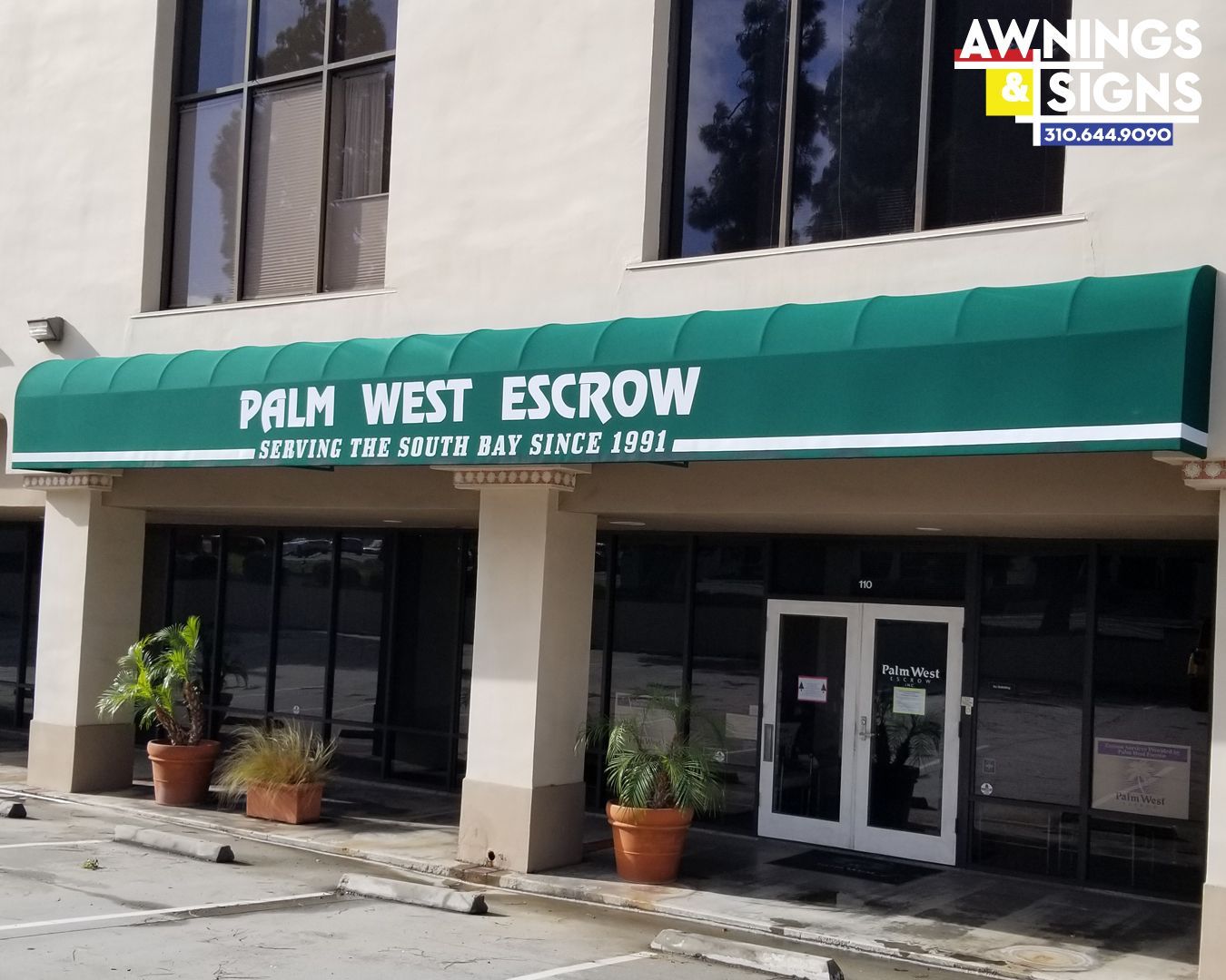 Green awning over Palm West Escrow storefront; white text, large windows, potted plants.