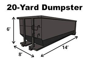Diagram of a 20-yard dumpster with dimensions: 14' long, 8' wide, and 6' high.