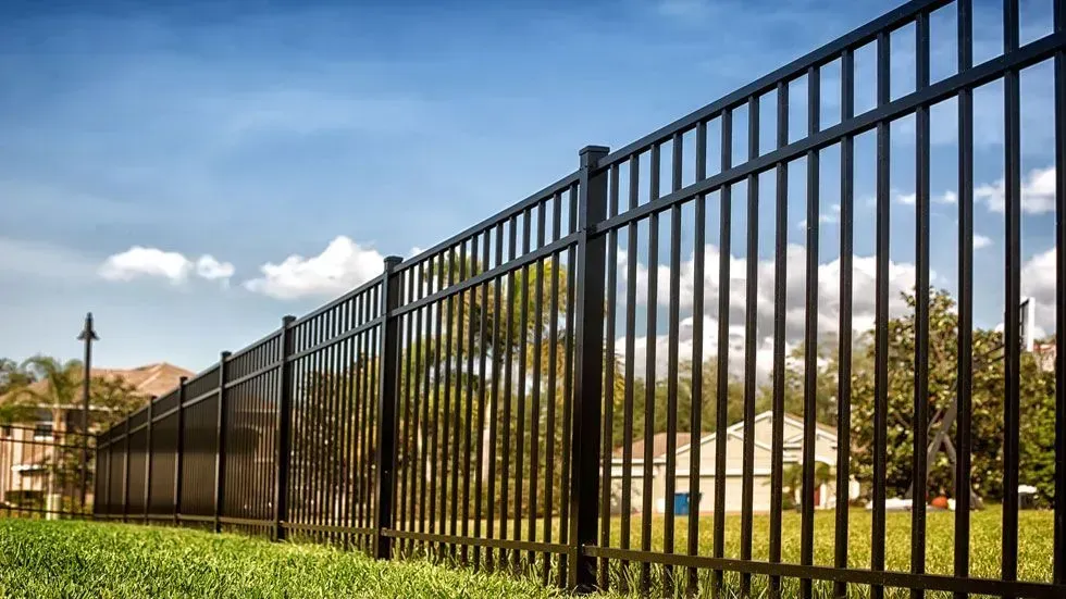 Black metal fence in a green grassy area under a blue sky.