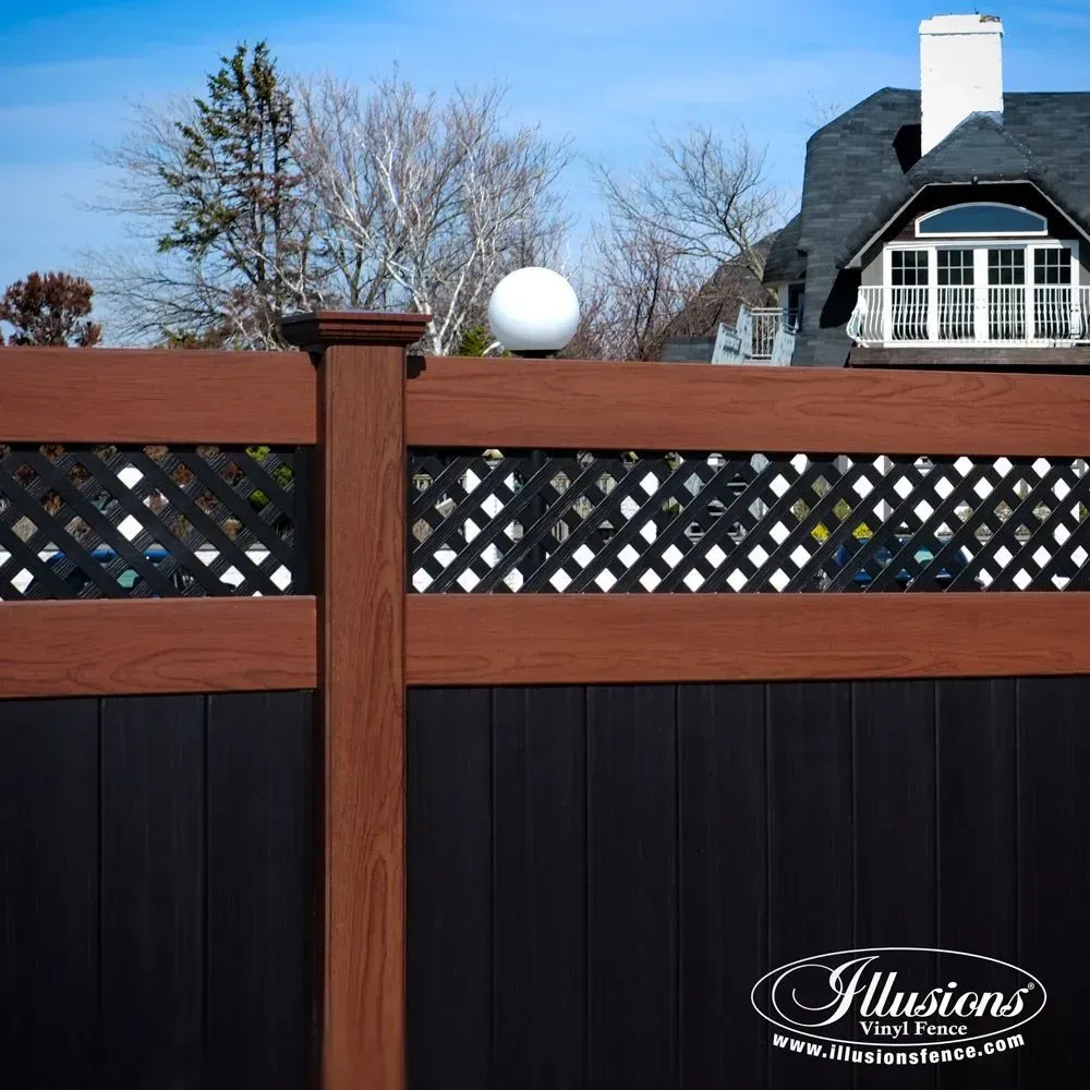 Brown and black vinyl fence with lattice detail, a light, and a house in background.