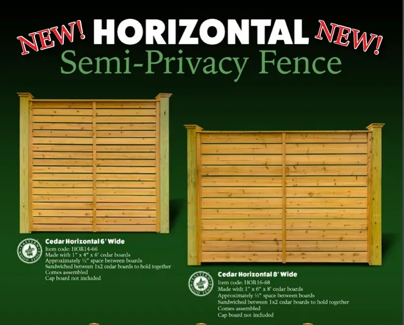 Advertisement for horizontal semi-privacy cedar fence. Shows two brown fences with green posts.