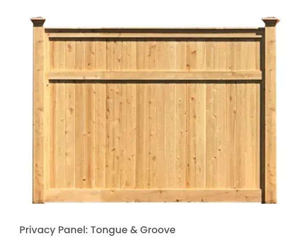 Wooden tongue and groove privacy fence panel with decorative top and post caps.