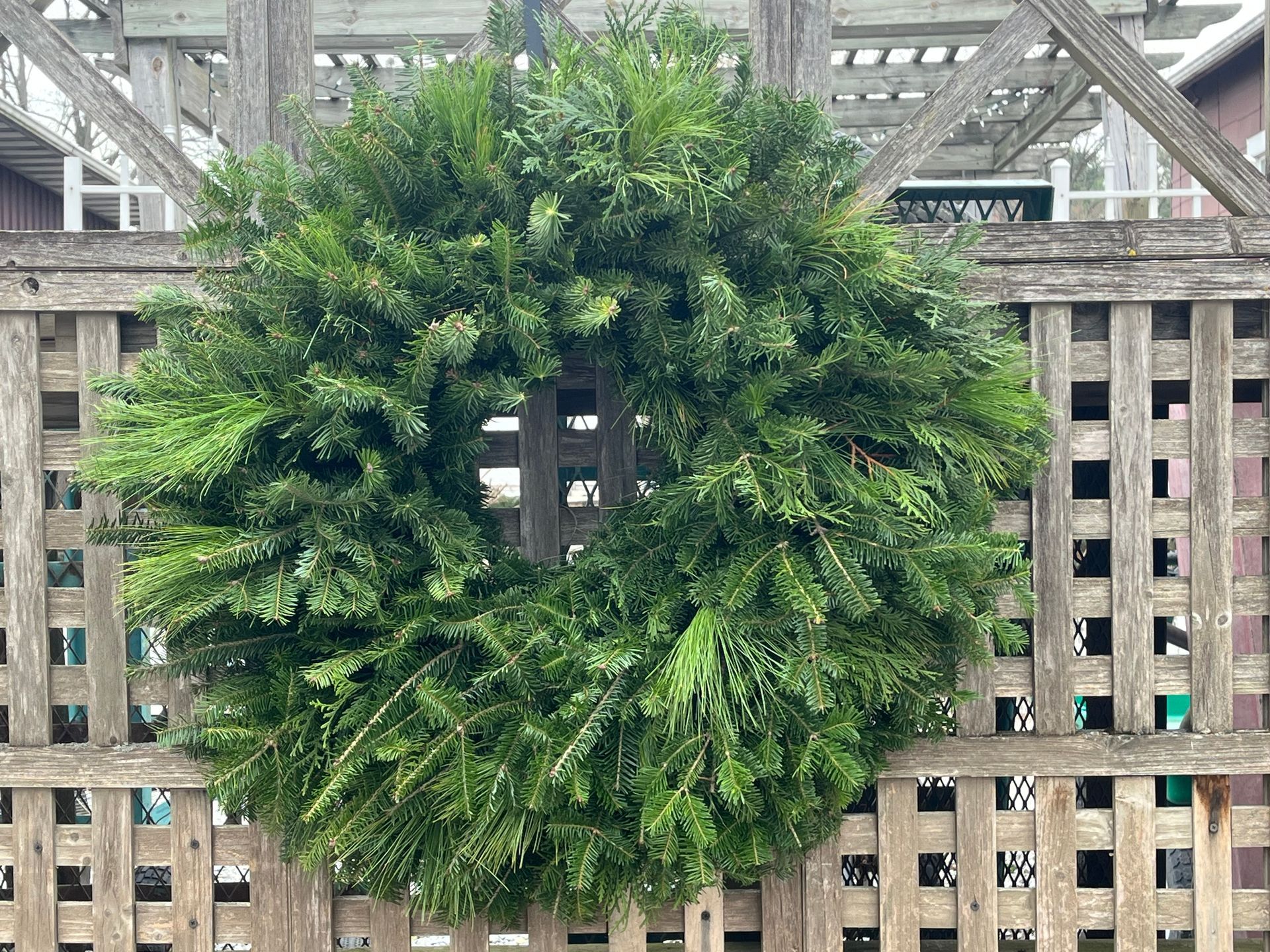 Green wreath hanging on a weathered wooden lattice fence.