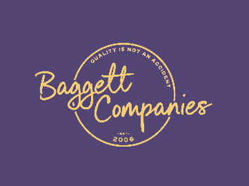 Baggett Companies logo: gold text on a purple background with a circular gold tagline.