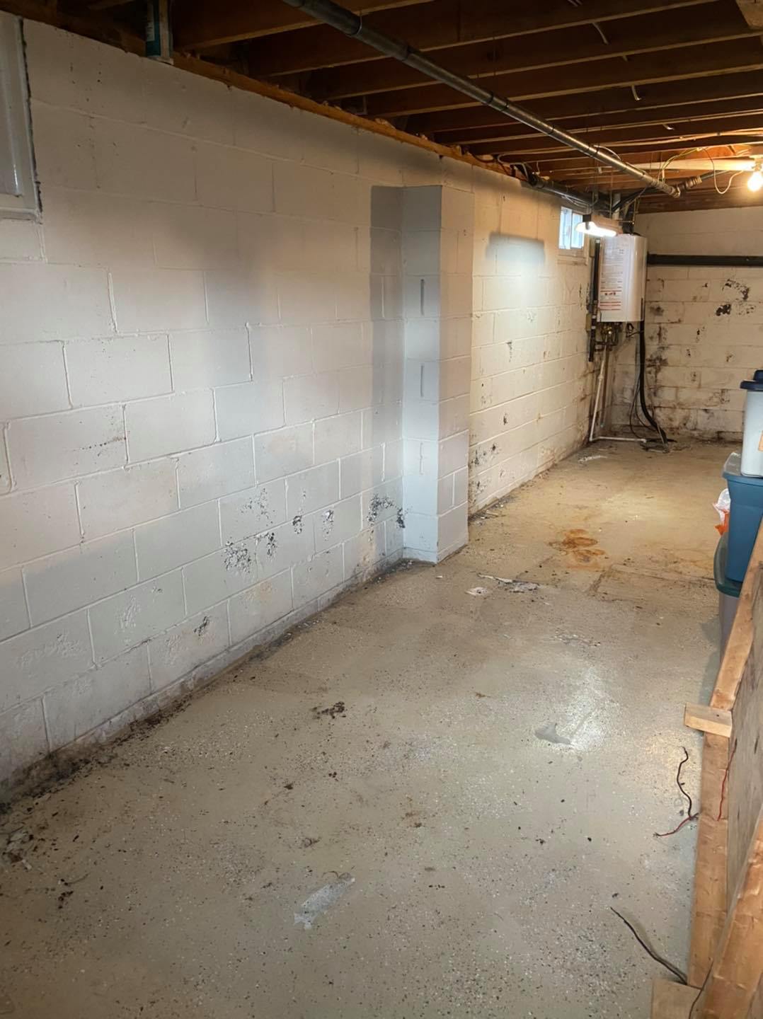 An empty basement with white brick walls and a heater.
