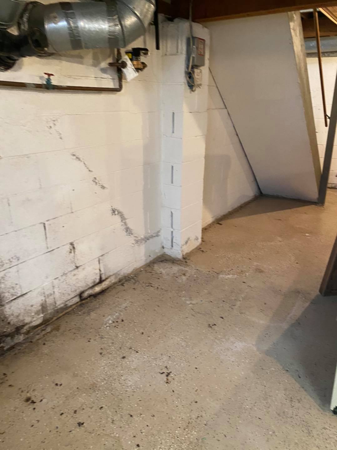 A basement with a brick wall and a concrete floor.