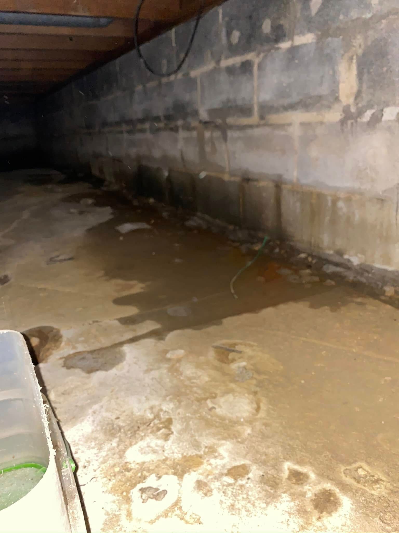 A dirty basement with a brick wall and a puddle of water on the floor.