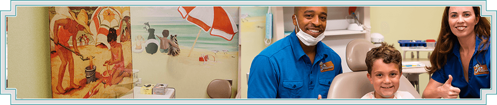 Dentist with a child in a dental chair, another woman is to the side. Background shows beach scenes.