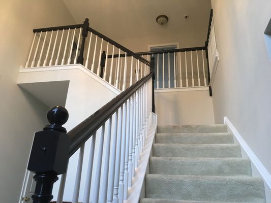 Staircase with carpeted steps, white balusters, and dark wood handrails leading to a landing.