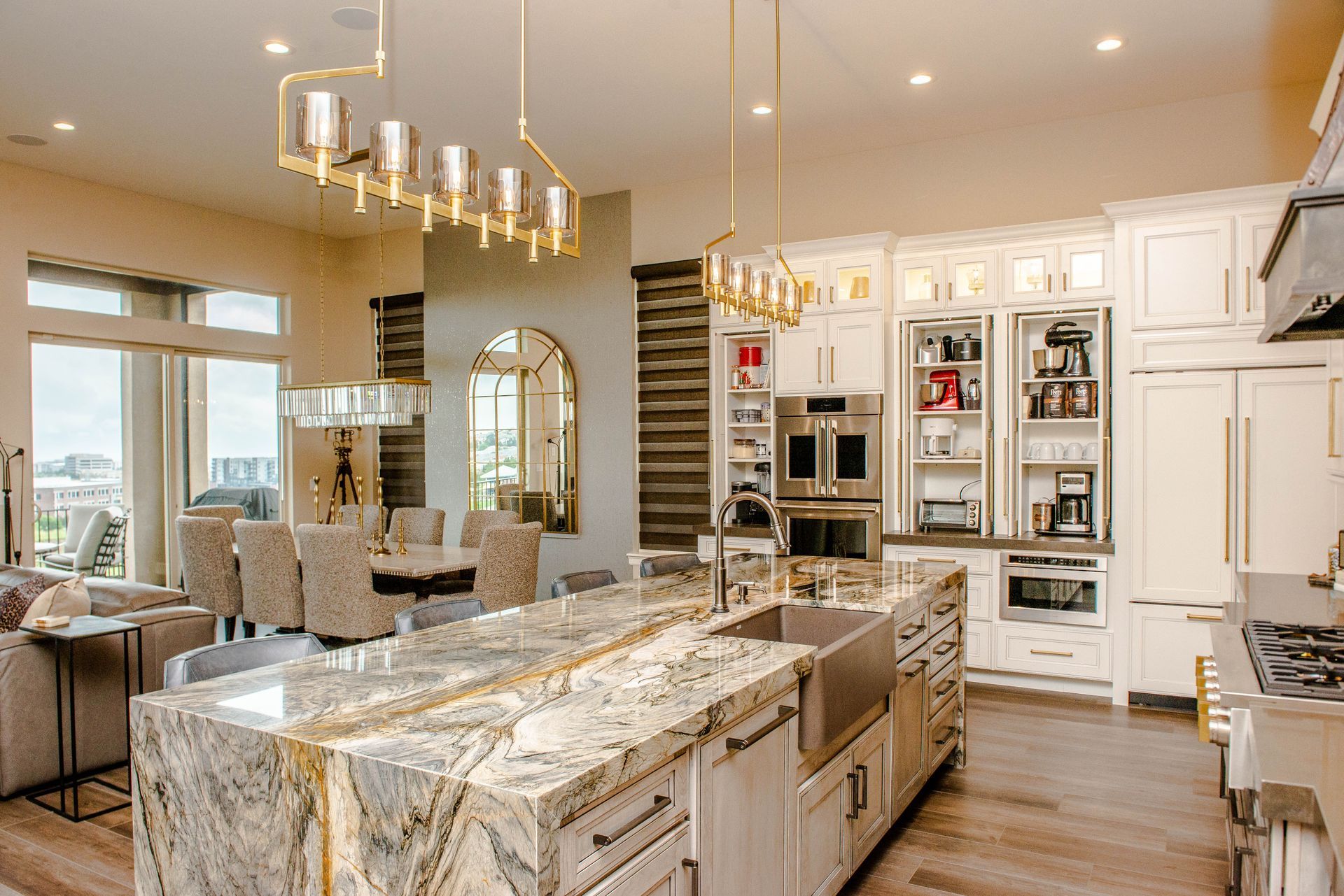 There is a large island in the middle of the kitchen.