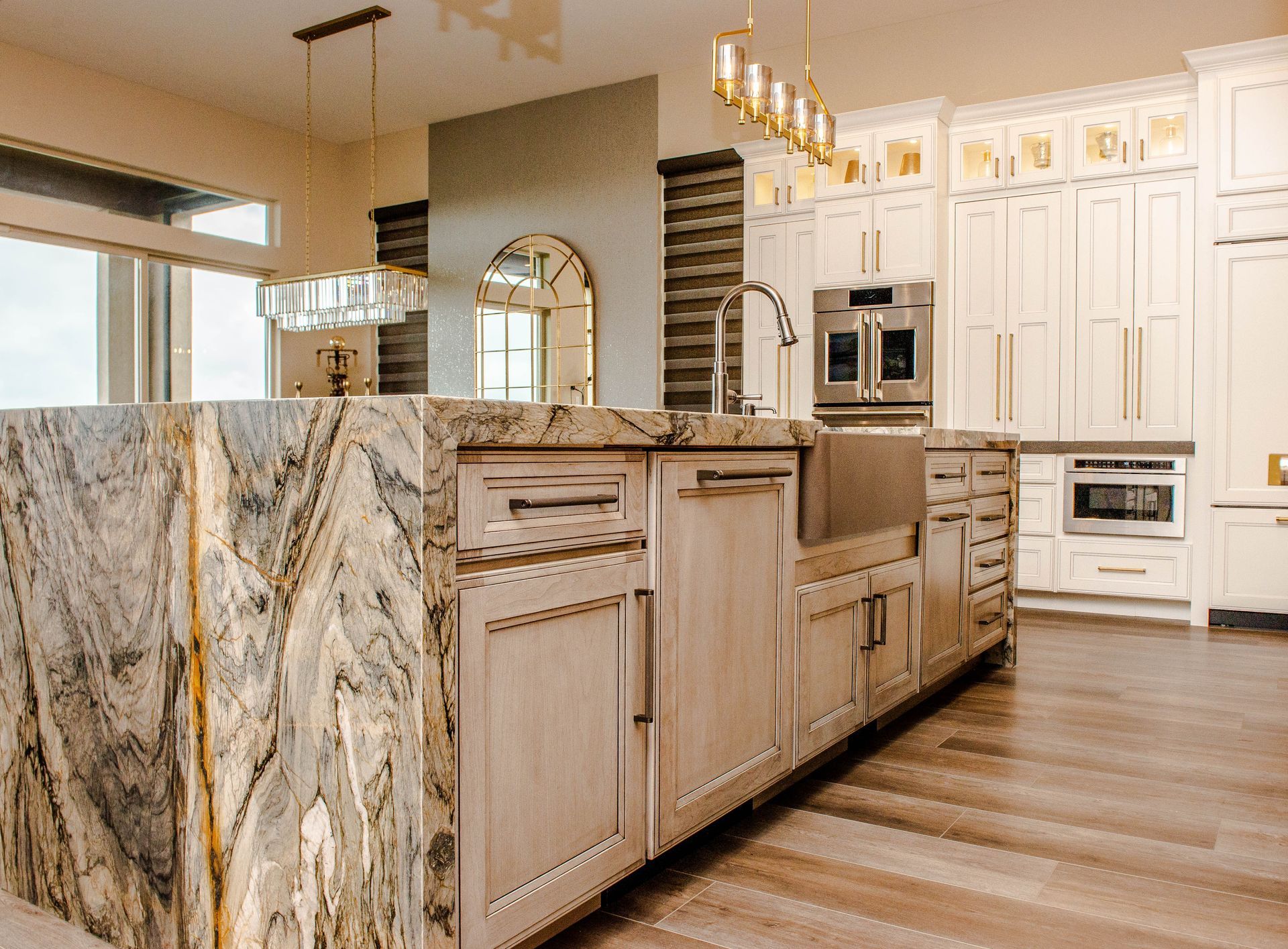A kitchen with a wine cooler and a wine rack.