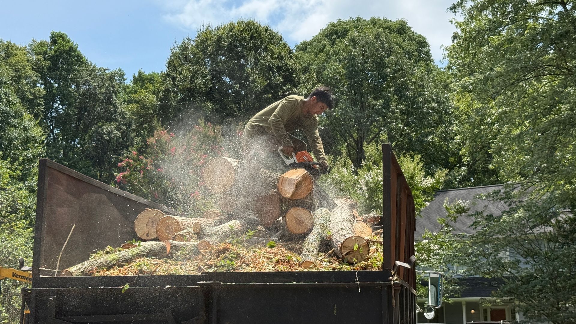A man is cutting a tree in front of a dumpster.