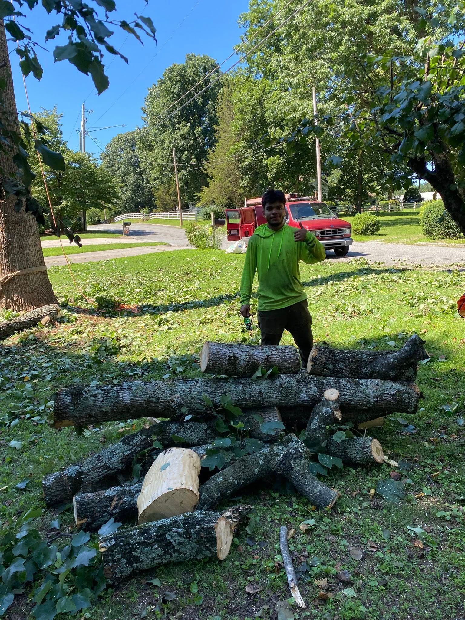 A man in a green shirt is standing next to a pile of logs.