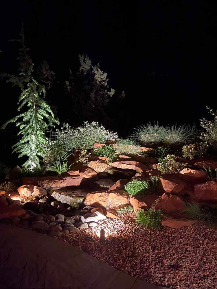 A rock garden is lit up at night with a lot of rocks and trees.