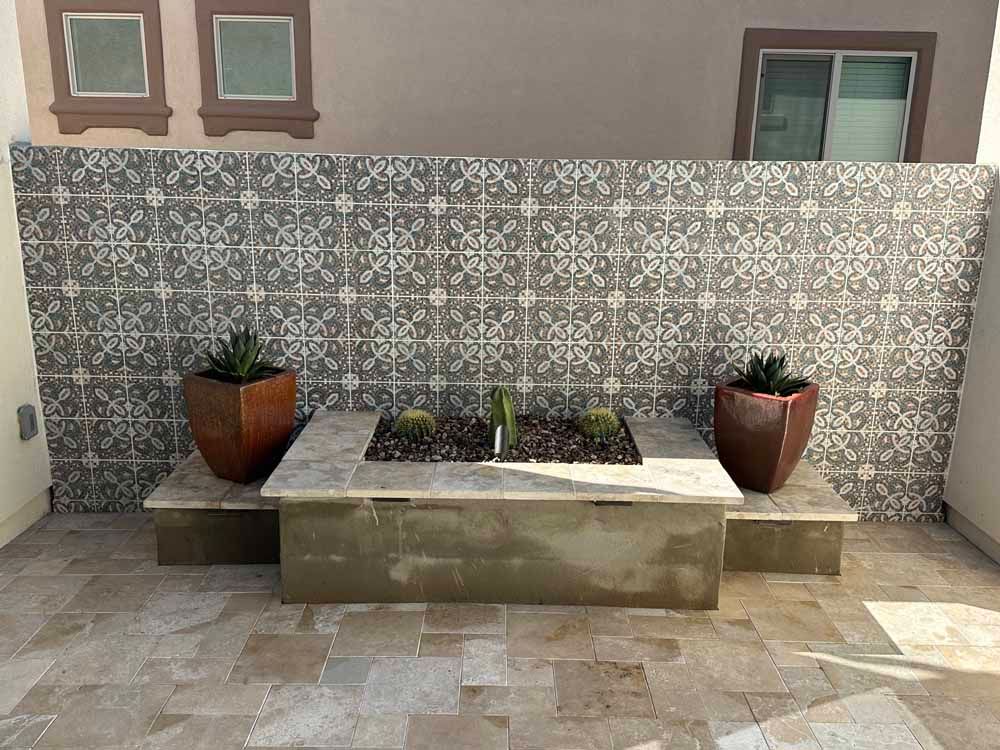 There are two potted plants in front of a wall.