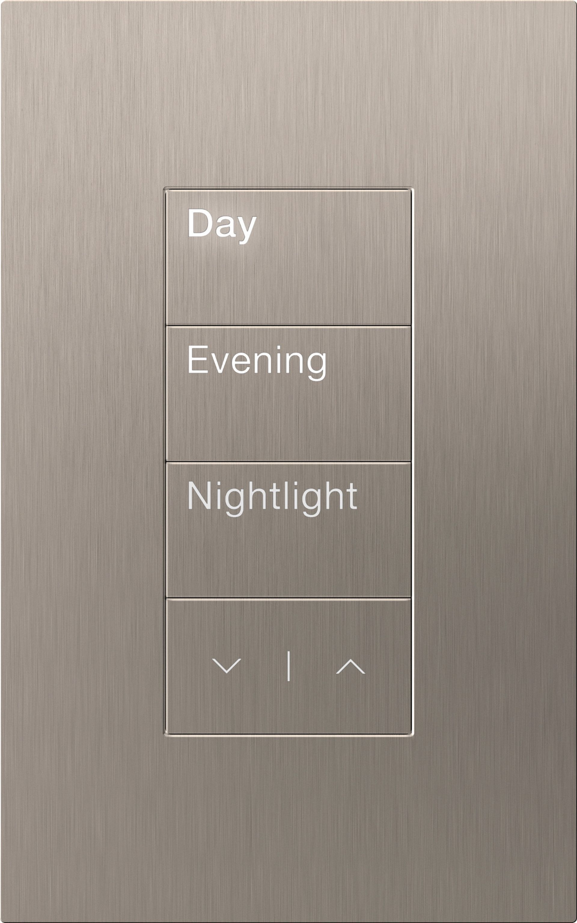 A stainless steel control panel with buttons for day , evening , and nightlight.