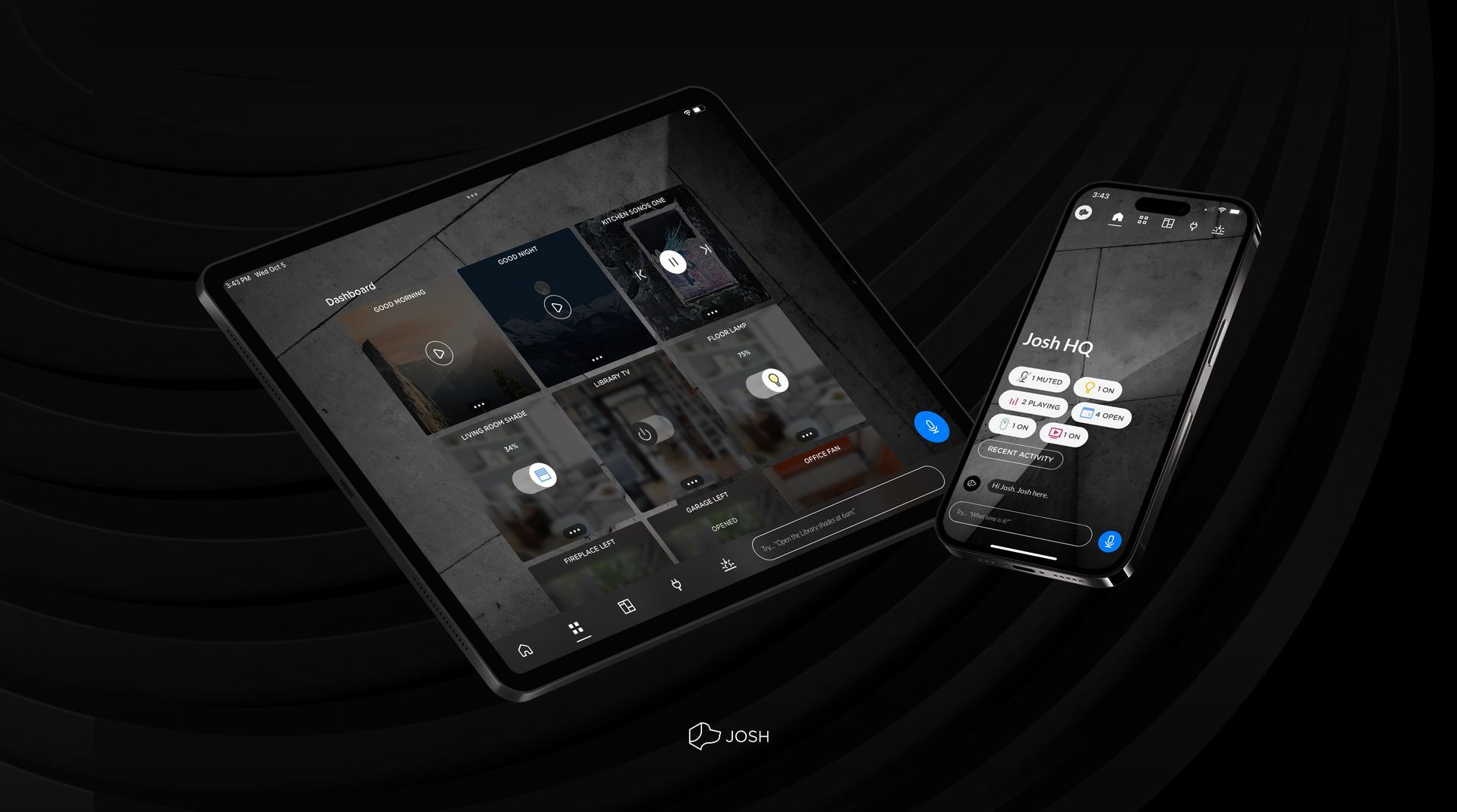 A tablet and a cell phone are sitting next to each other on a black surface.