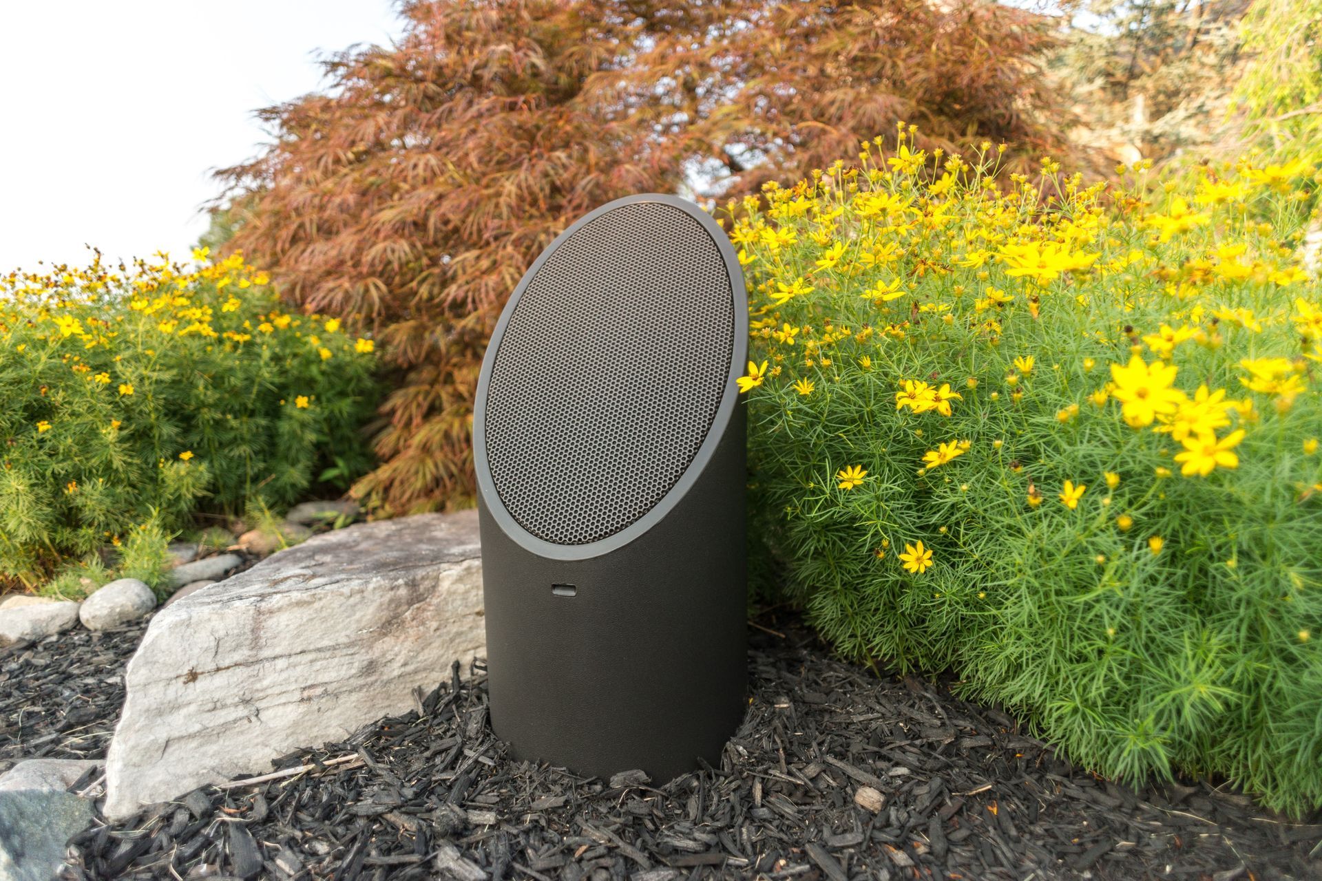 A speaker is sitting on top of a pile of mulch in a garden.
