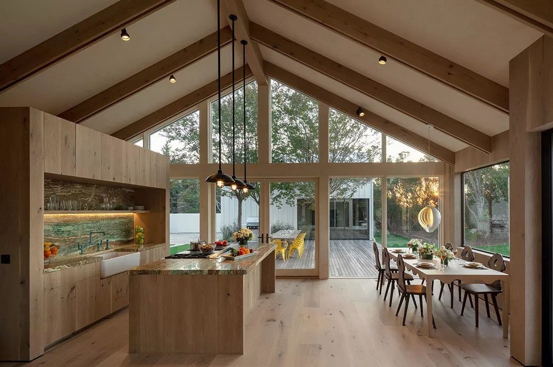 Kitchen with wood beam ceiling