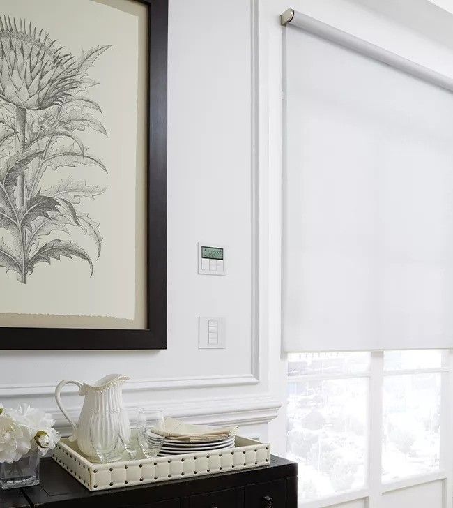 There is a picture of a plant on the wall above the table