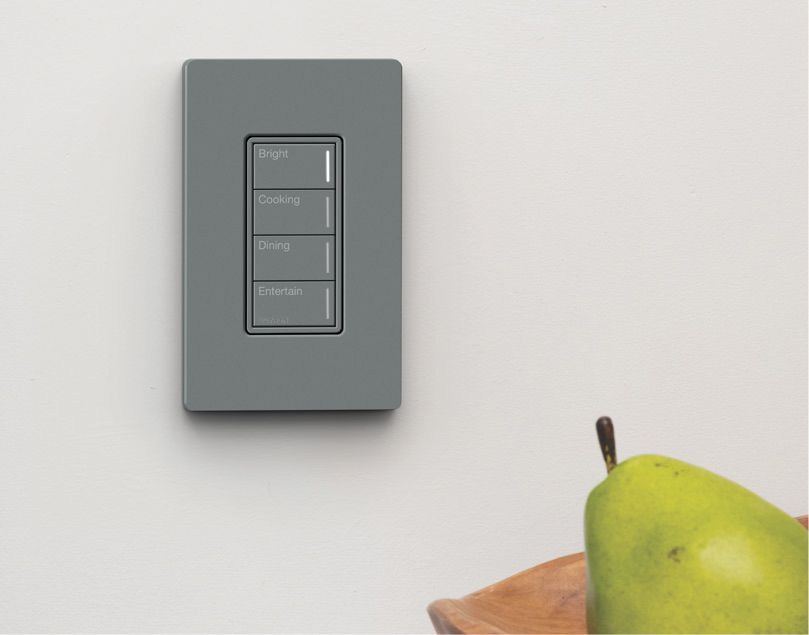 A light switch is mounted on a wall next to a pear