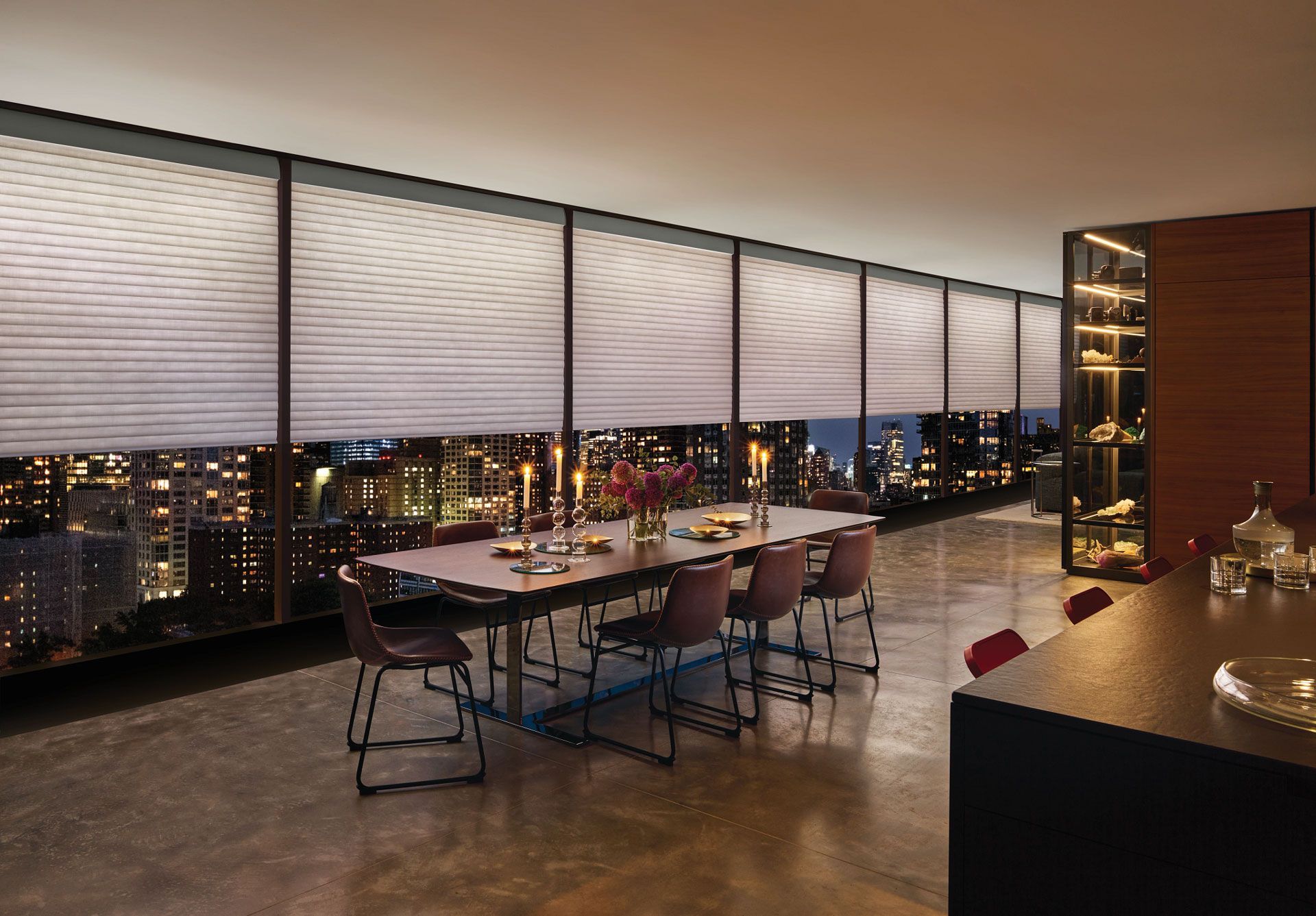 custom automated blinds in a spacious dining room