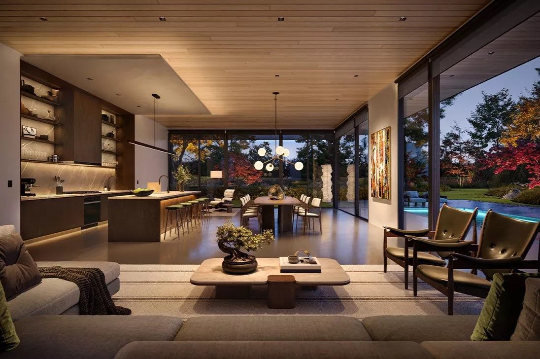 A living room and dining room with custom window treatments