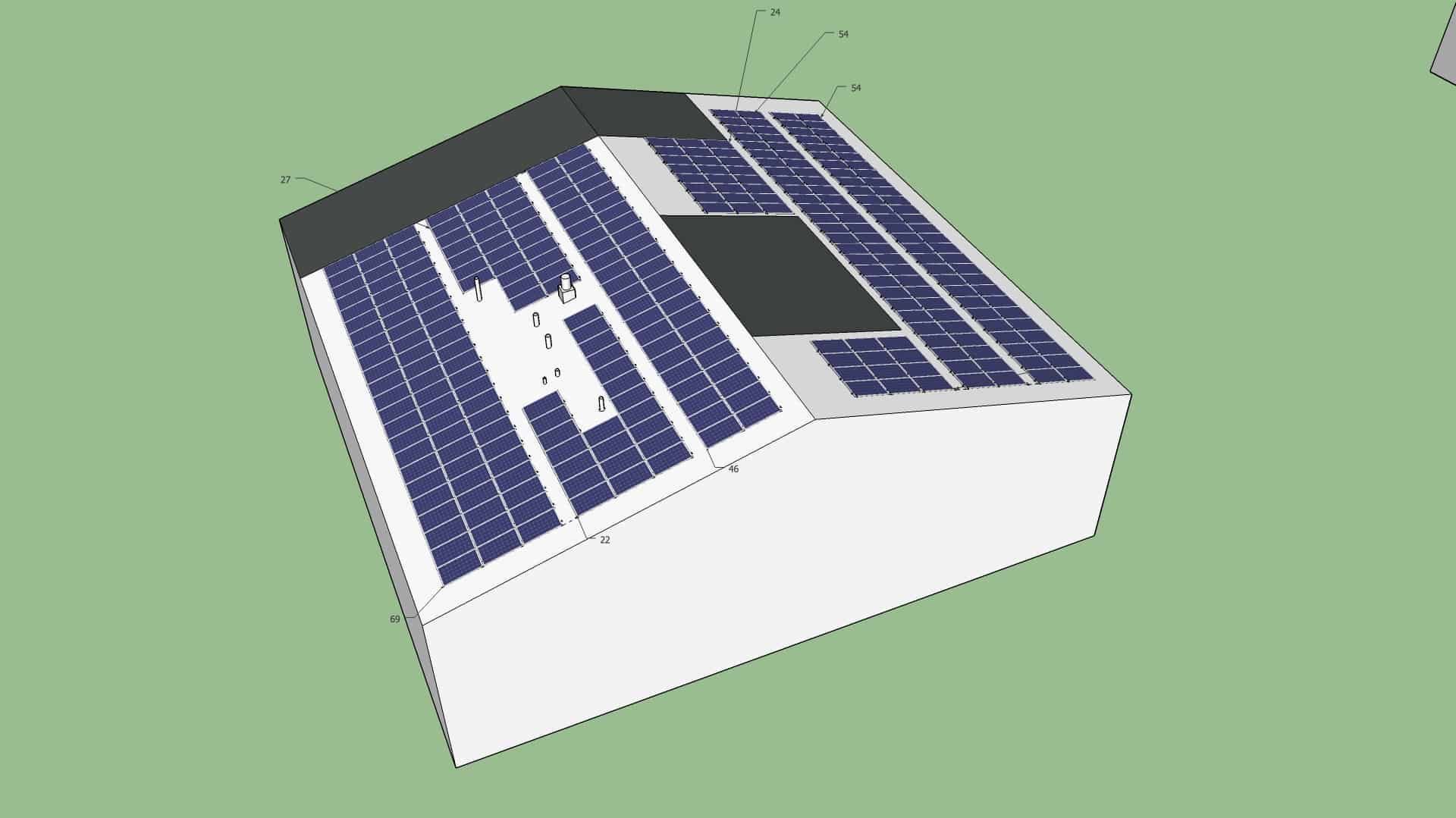 a 3d model of a building with solar panels on the roof