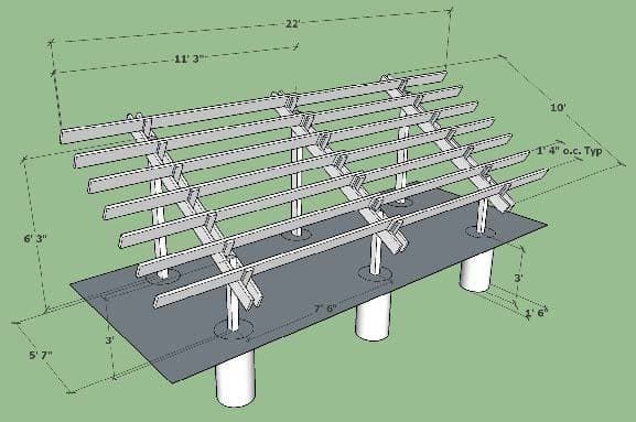 a drawing of a metal structure with measurements on a green background